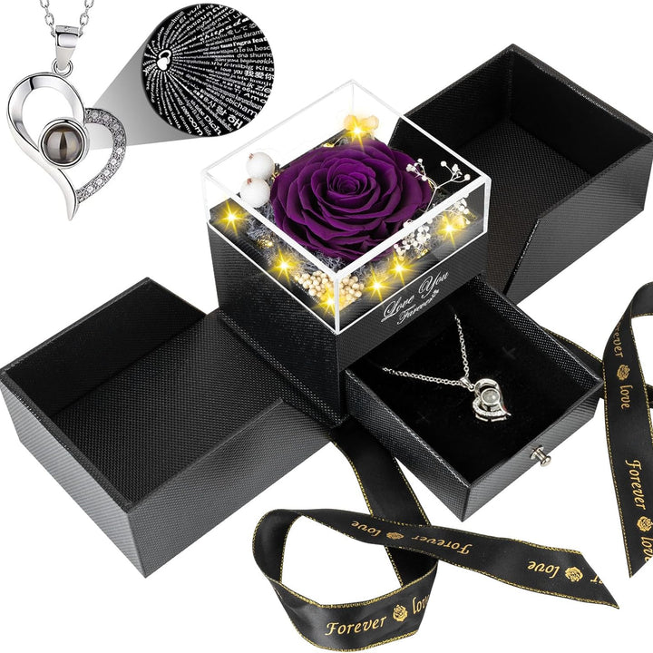 Preserved Purple Rose with Necklace – Gift for Her, Mom, or Wife.