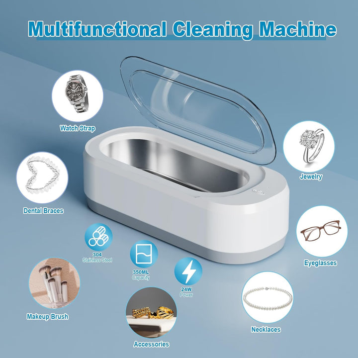 Ultrasonic Jewelry Cleaner, 12oz, 46kHz, One-Touch Operation, White.