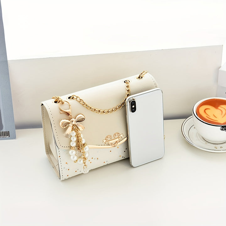 Beige PU Crossbody Bag with Tassel.