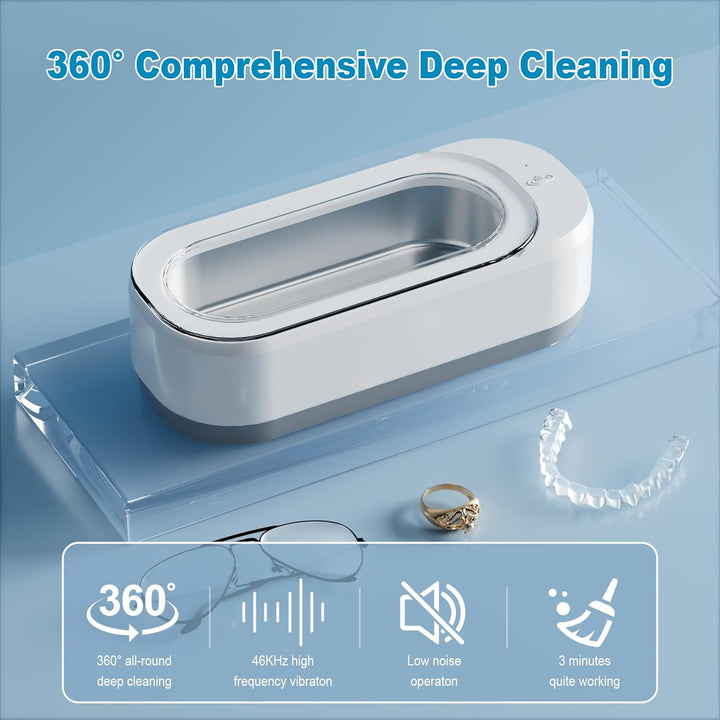 Ultrasonic Jewelry Cleaner, 12oz, 46kHz, One-Touch Operation, White.