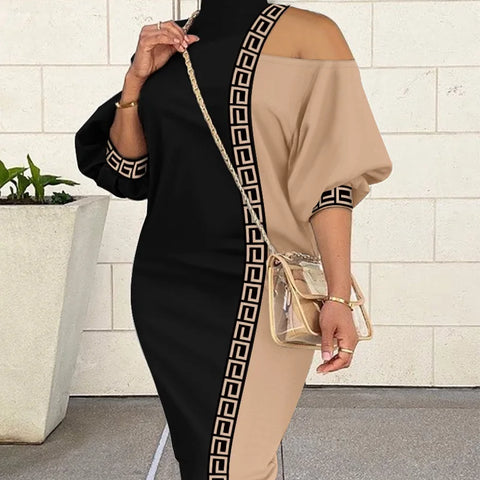 Bare shoulder print pencil dress.