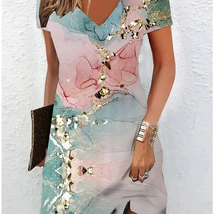 Summer Marble Print V-Neck Midi Dress.