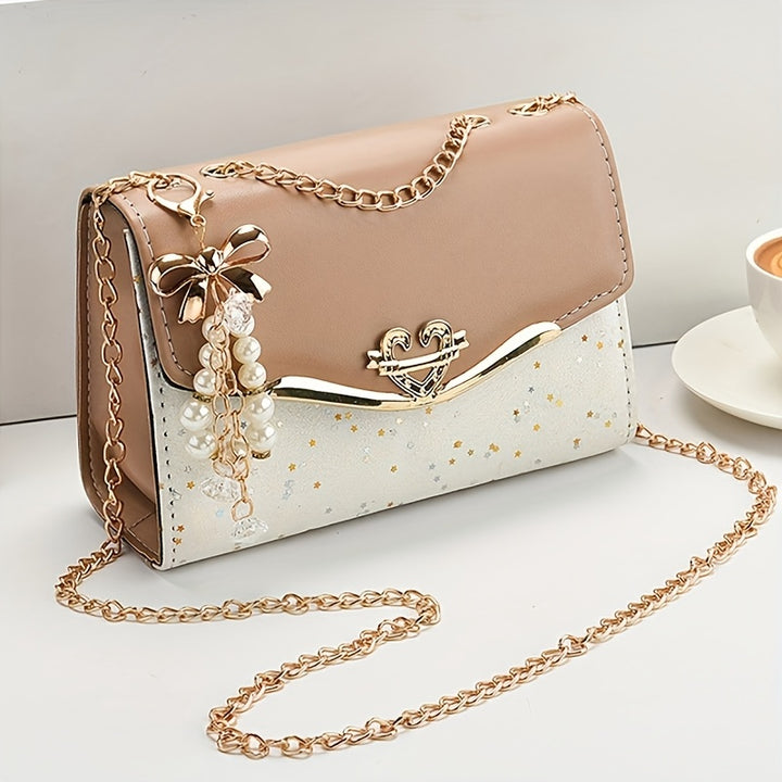 Beige PU Crossbody Bag with Tassel.