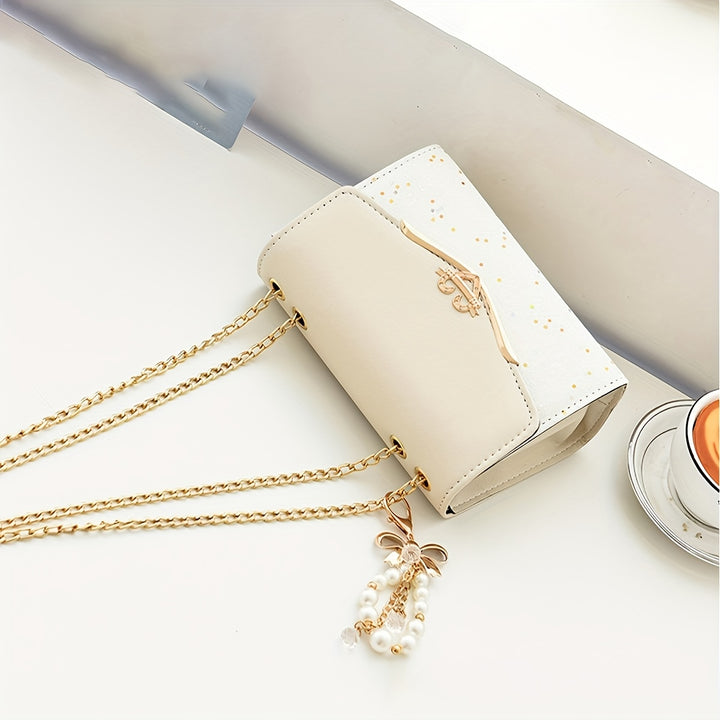 Beige PU Crossbody Bag with Tassel.