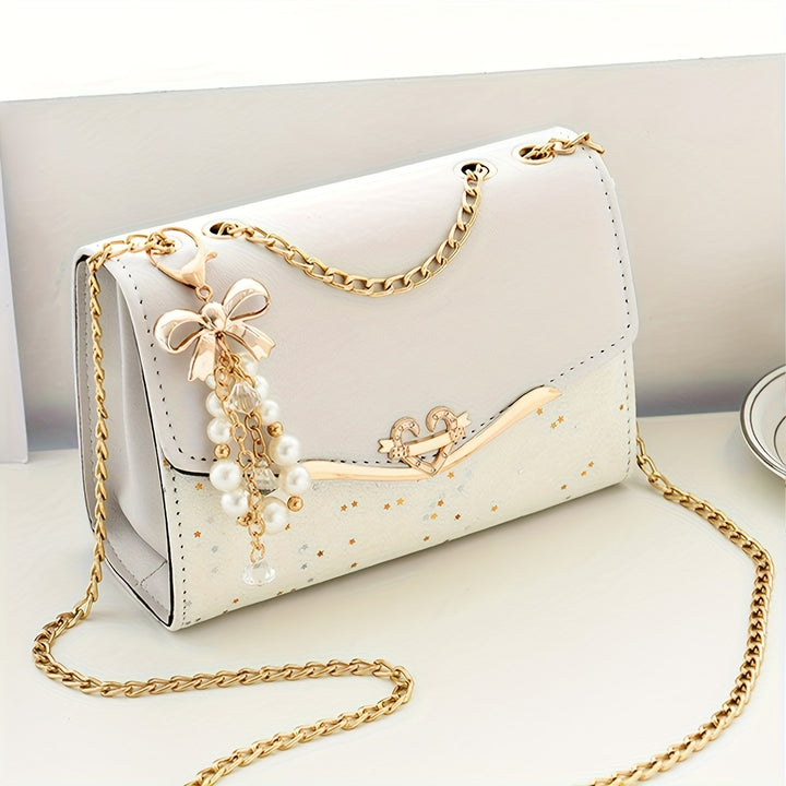 Beige PU Crossbody Bag with Tassel.